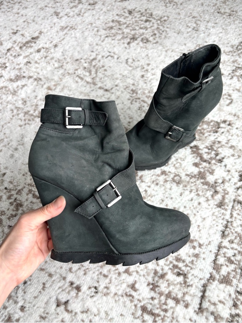 Vintage Y2K B2 Browns Wedge Waxy Suede Leather Bronx Buckle Ankle Boots